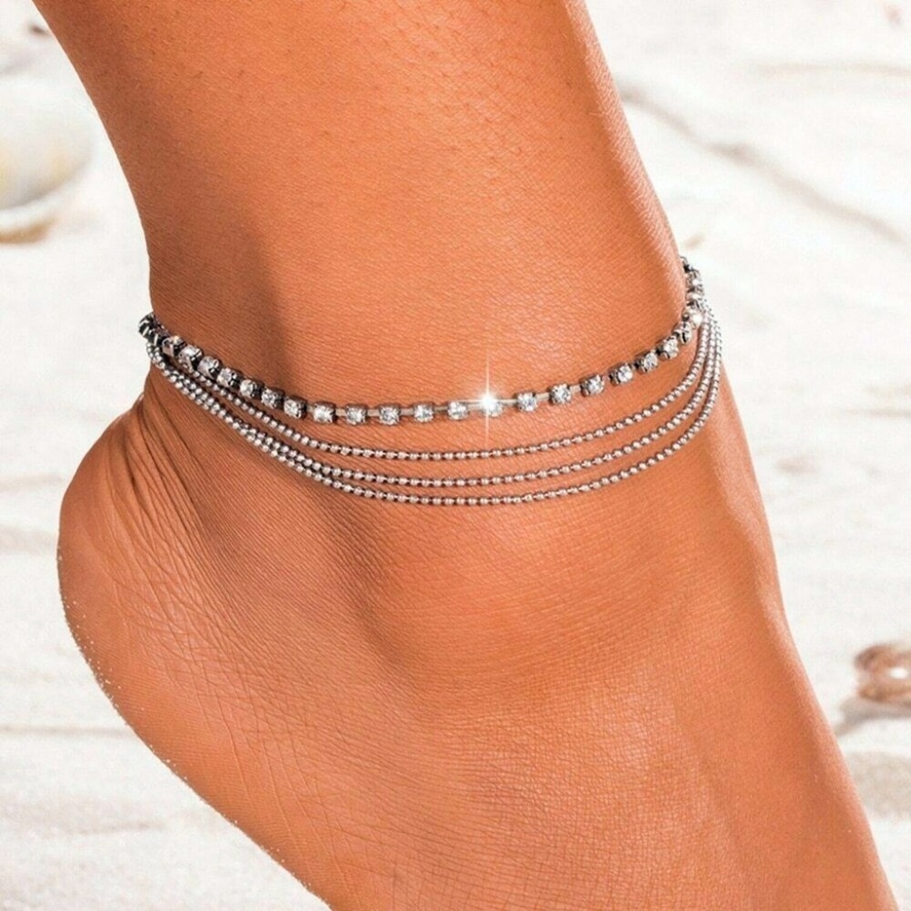 Crystal Ankle Bracelet Four Strand Ball Chain